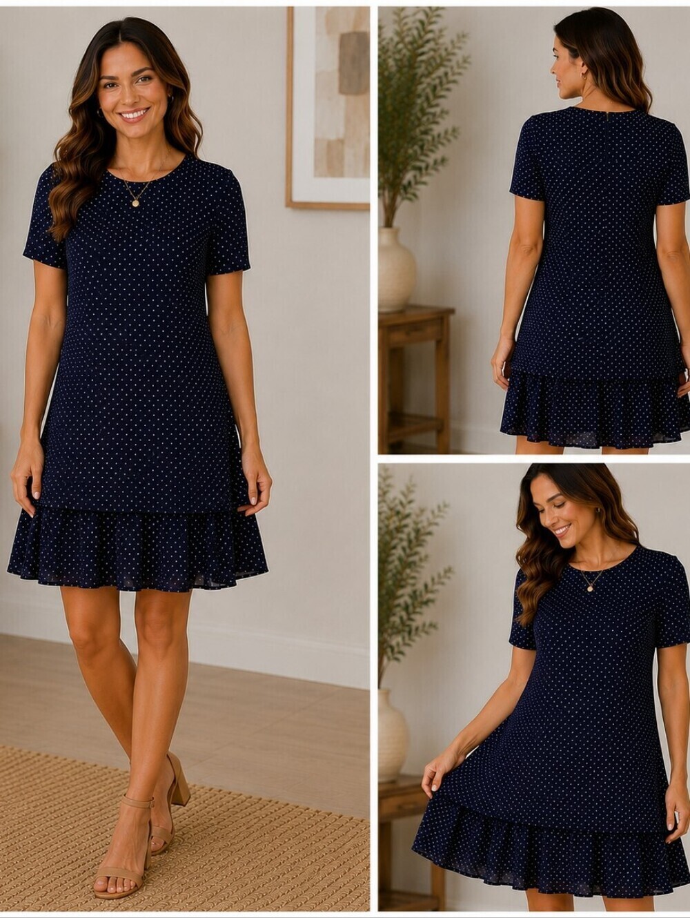 Vintage Tablots Petite Navy Polka Dot Dress | Size 8 | Lined | Ruffle Hem